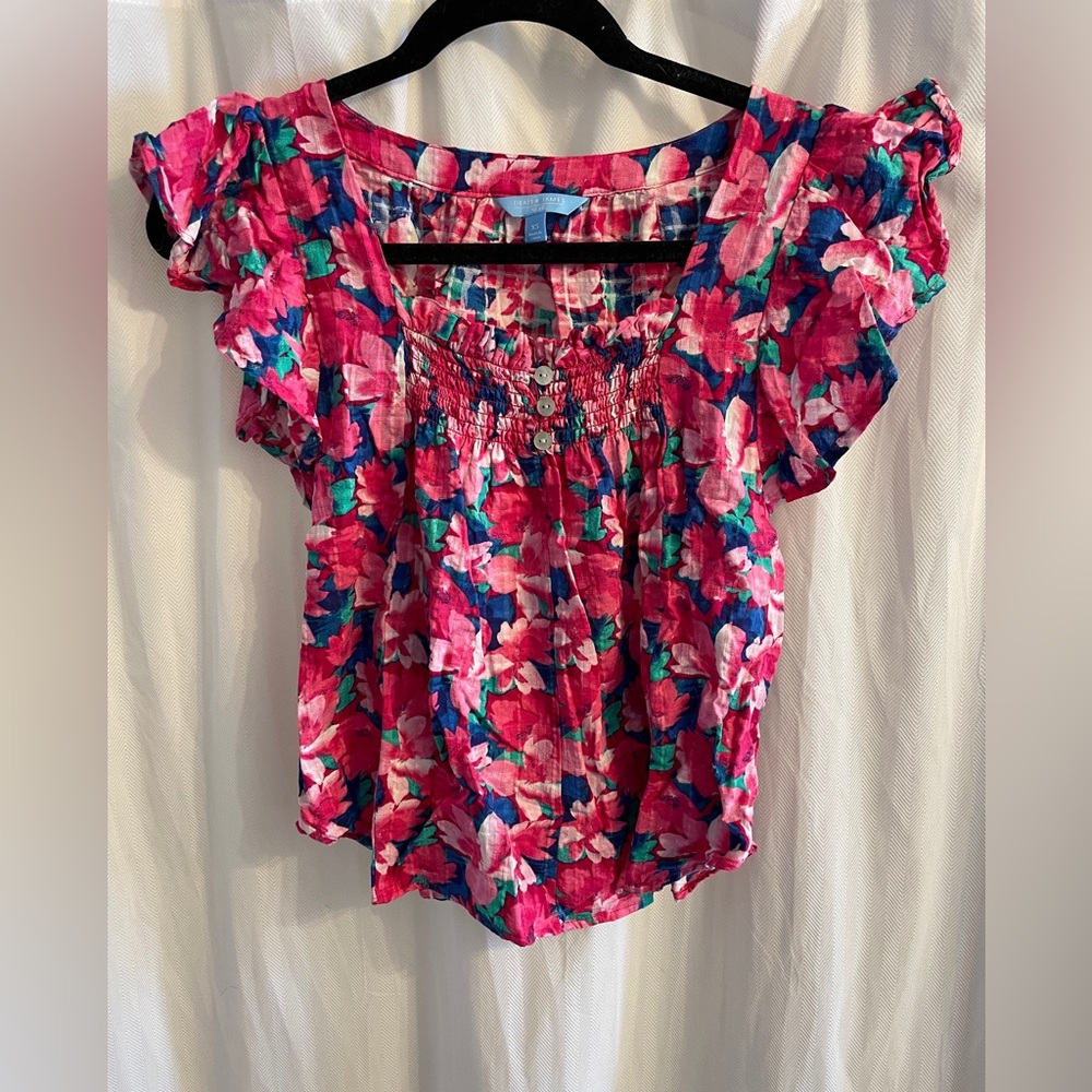 Draper James Pink Floral Ruffle Blouse